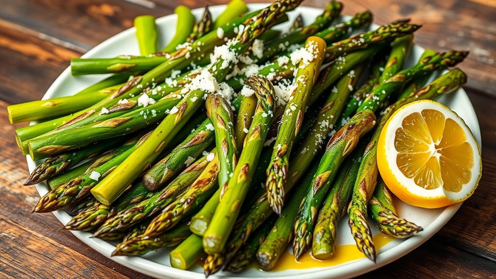 Perfectly Grilled Asparagus Recipe Grilled asparagus on a plate, garnished with Parmesan cheese and lemon.